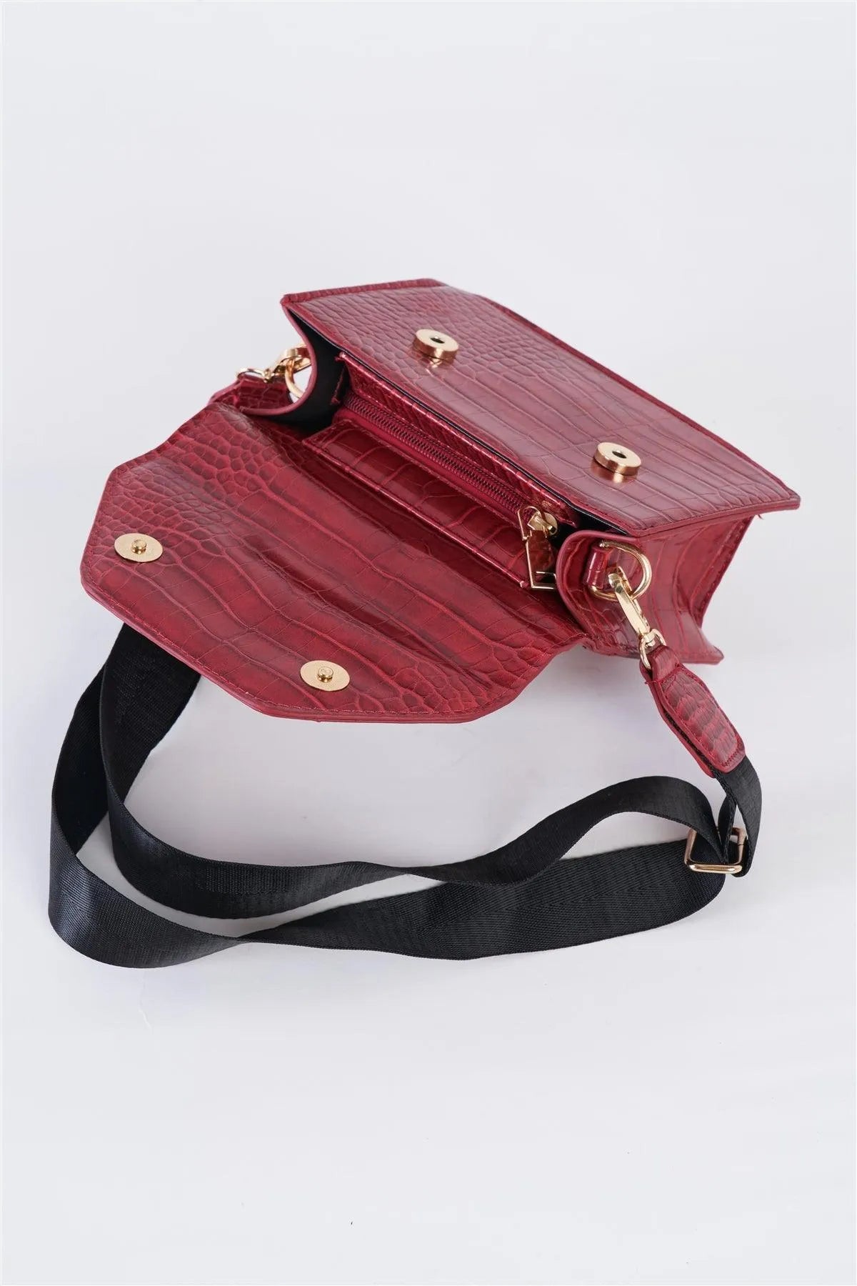 Burgundy Red Croc Hardware Belt Strap Detail Shoulder Bag /3 Bags - Tasha Apparel Wholesale