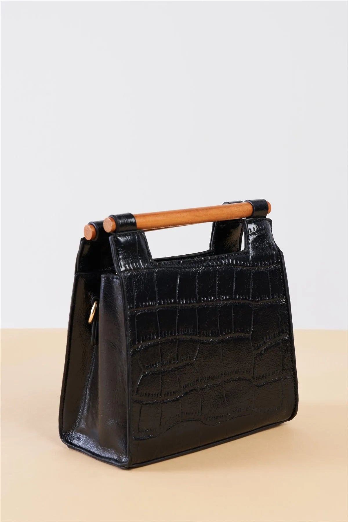 Black Vegan Alligator Mini Handbag With Bamboo Trim /3 Bags - Tasha Apparel Wholesale
