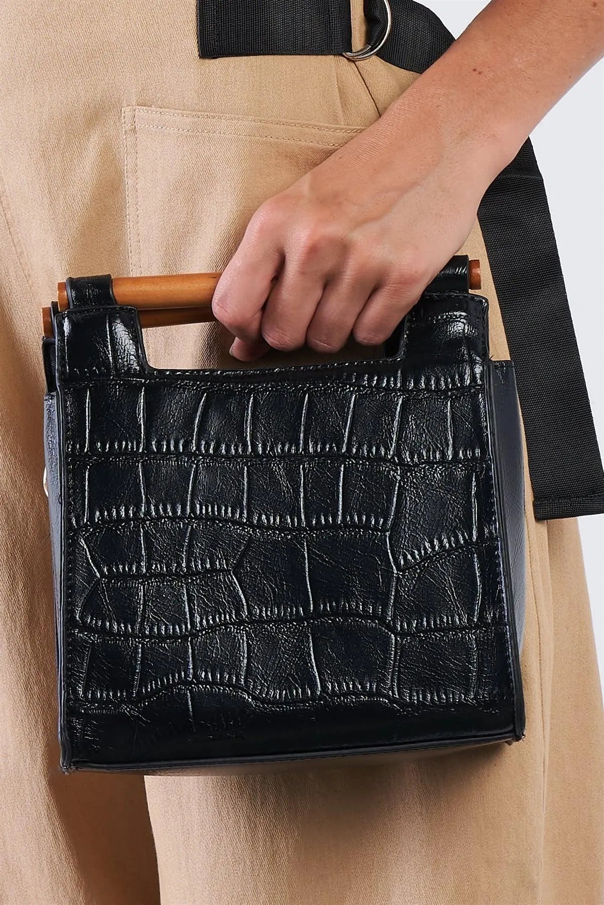 Black Vegan Alligator Mini Handbag With Bamboo Trim /3 Bags - Tasha Apparel Wholesale