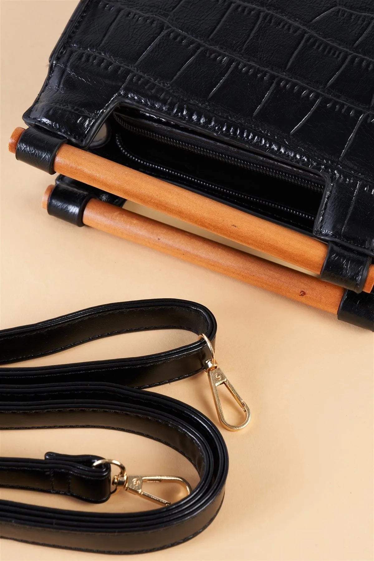 Black Vegan Alligator Mini Handbag With Bamboo Trim /3 Bags - Tasha Apparel Wholesale