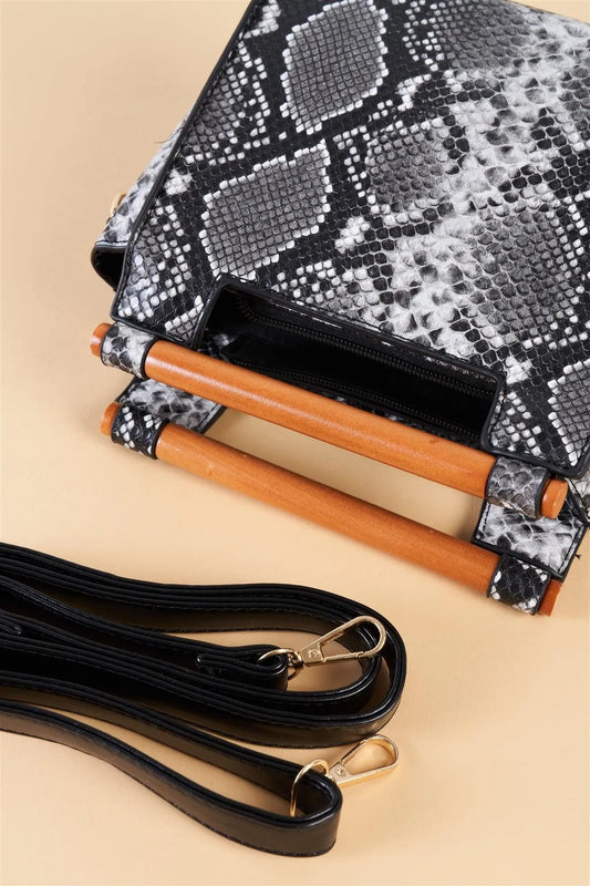Black And White Vegan Python Snake Print Mini Handbag With Bamboo Trim /3 Bags - Tasha Apparel Wholesale