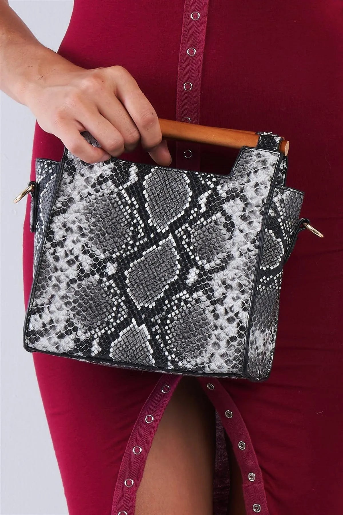 Black And White Vegan Python Snake Print Mini Handbag With Bamboo Trim /3 Bags - Tasha Apparel Wholesale
