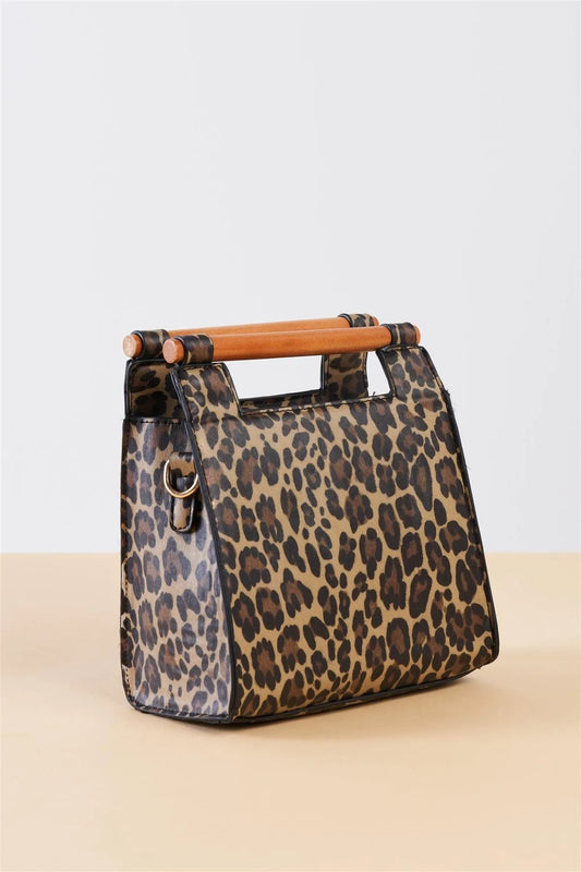 Leopard Print Vegan Leather Mini Handbag With Bamboo Trim /3 Bags - Tasha Apparel Wholesale