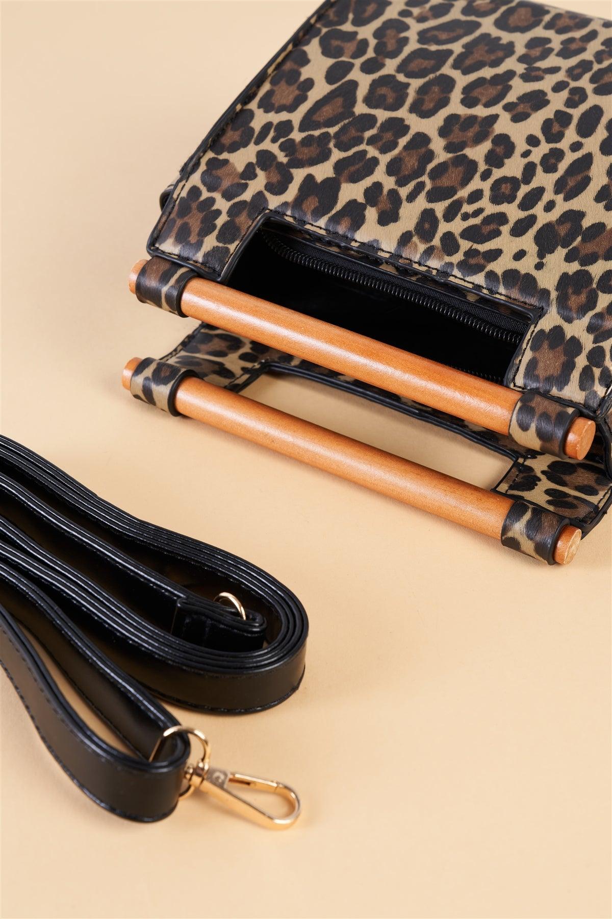 Leopard Print Vegan Leather Mini Handbag With Bamboo Trim /3 Bags