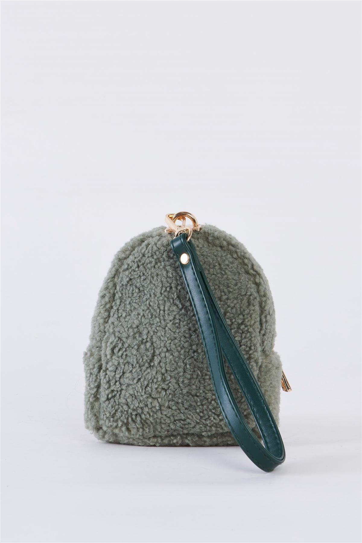 Green Faux Shearling Wristlet Mini Bag /3 Bags