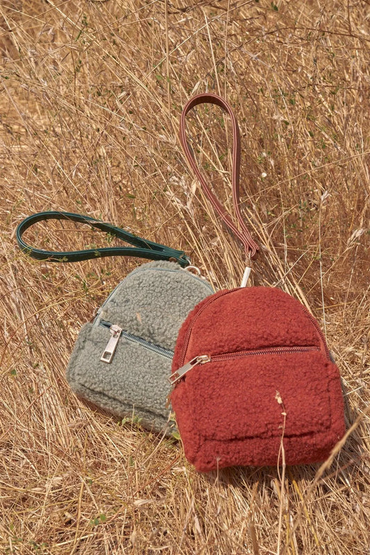 Rust Red Faux Shearling Wristlet Mini Bag /3 Bags - Tasha Apparel Wholesale