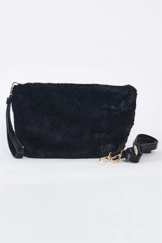 Black Faux Fur Hidden Magnetic Snap Button Closure Crossbody Bag / Clutch With Hidden Hand Strap Loop / 1 Bag - Tasha Apparel Wholesale