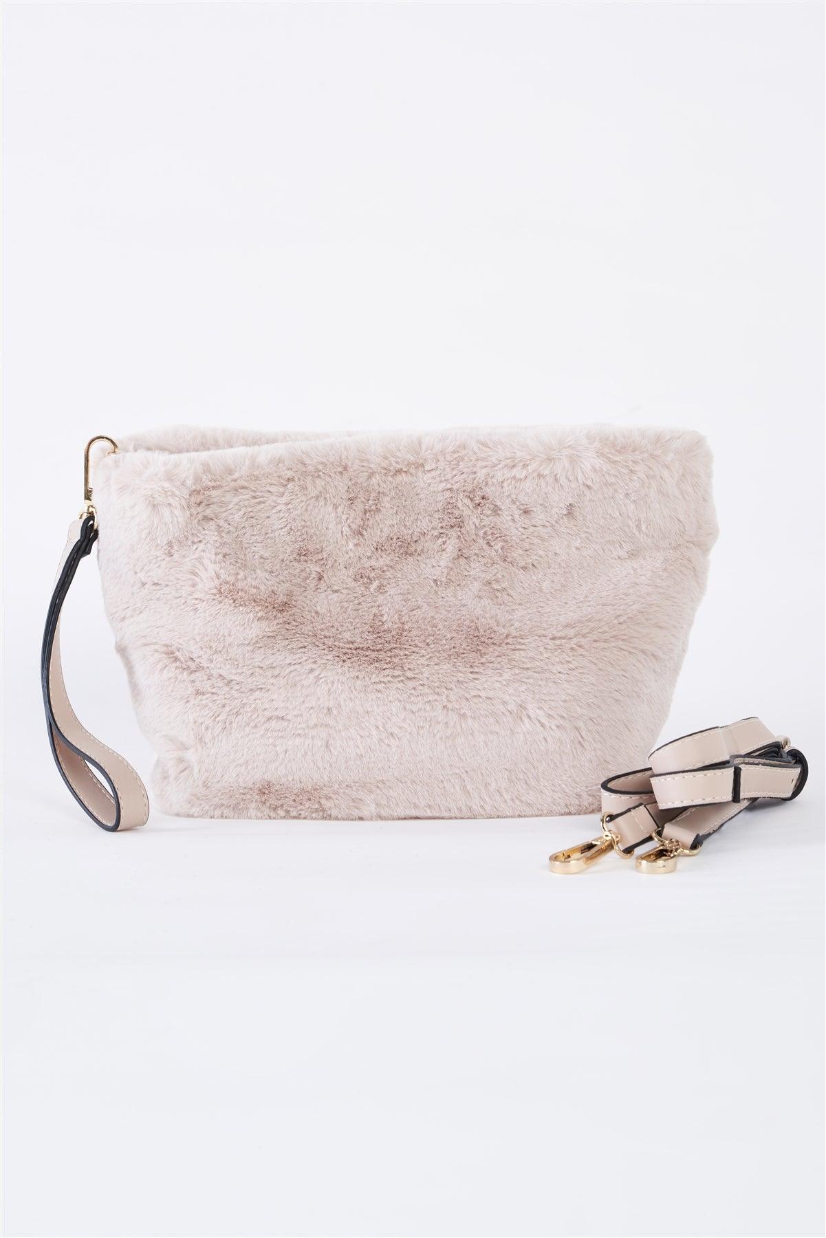 Ivory Faux Fur Hidden Magnetic Snap Button Closure Crossbody Bag / Clutch With Hidden Hand Strap Loop / 3 bags