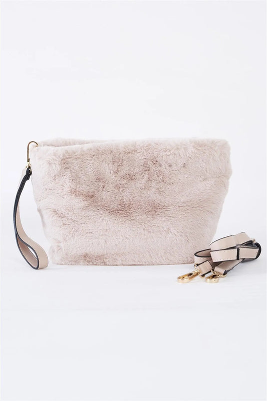 Ivory Faux Fur Hidden Magnetic Snap Button Closure Crossbody Bag / Clutch With Hidden Hand Strap Loop / 1 Bag - Tasha Apparel Wholesale