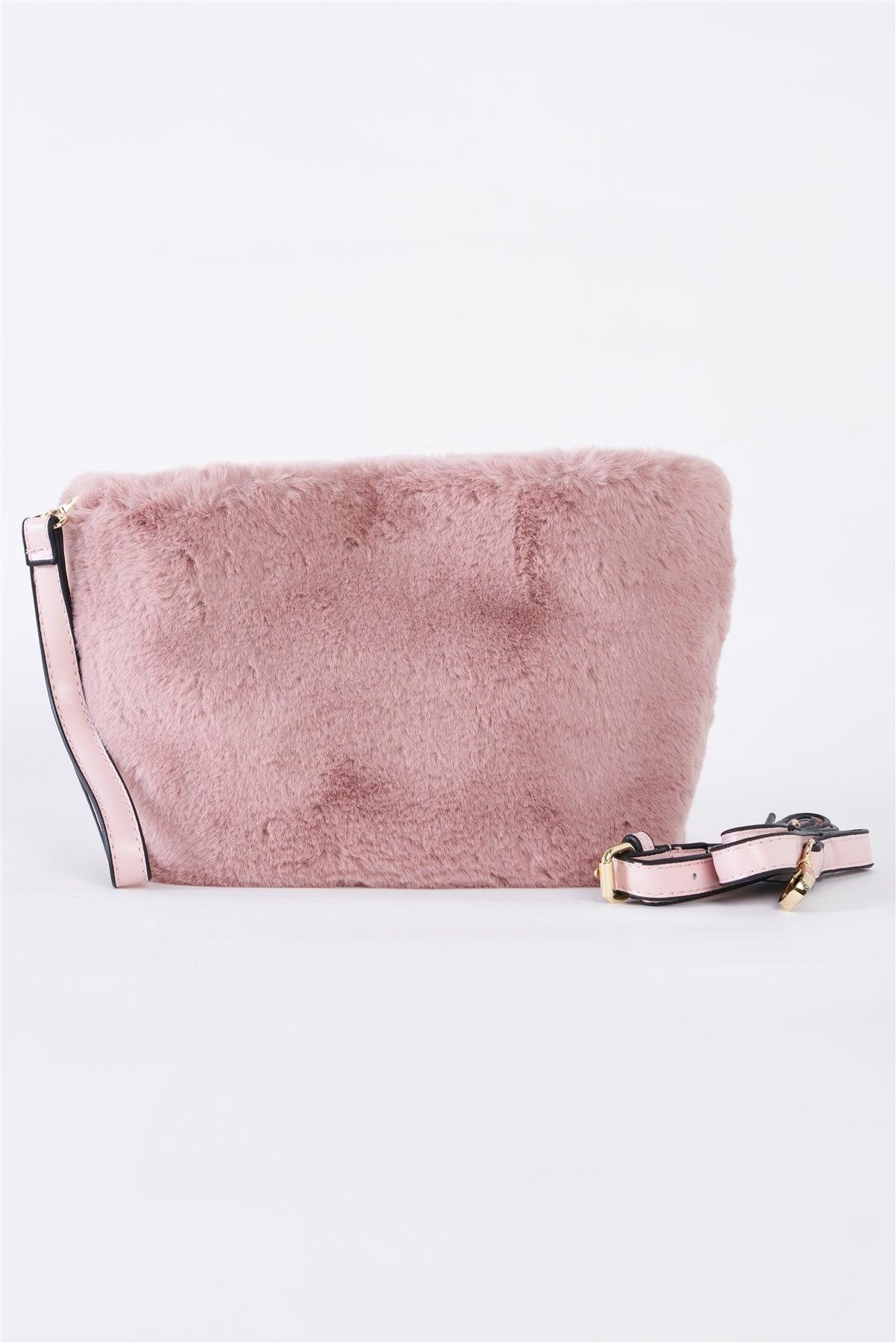 Pink Faux Fur Hidden Magnetic Snap Button Closure Crossbody Bag / Clutch With Hidden Hand Strap Loop / 3 bags