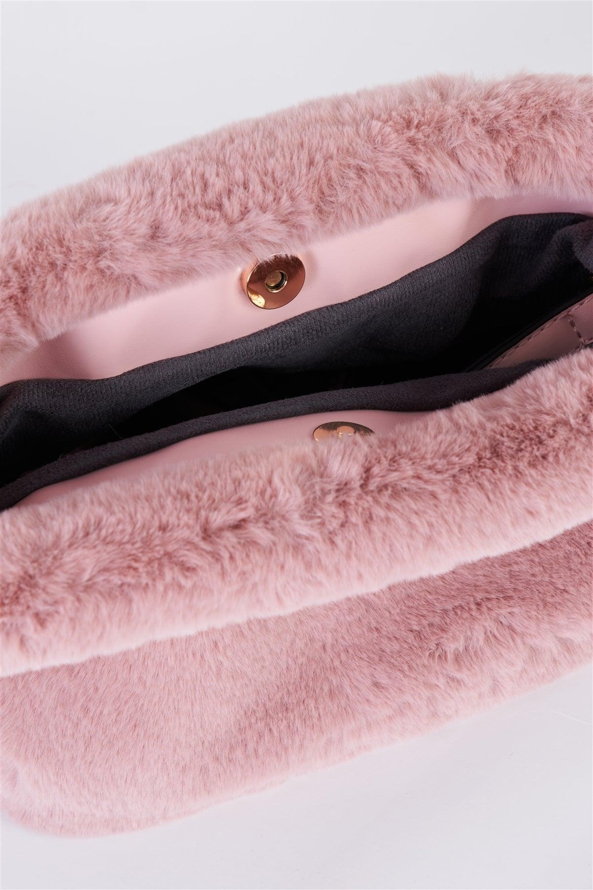 Pink Faux Fur Hidden Magnetic Snap Button Closure Crossbody Bag / Clutch With Hidden Hand Strap Loop / 1 Bag