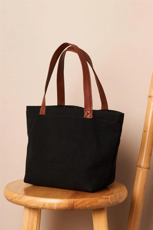 Black Chic Mini Tote Bag With Brown Leather Handles - Tasha Apparel Wholesale