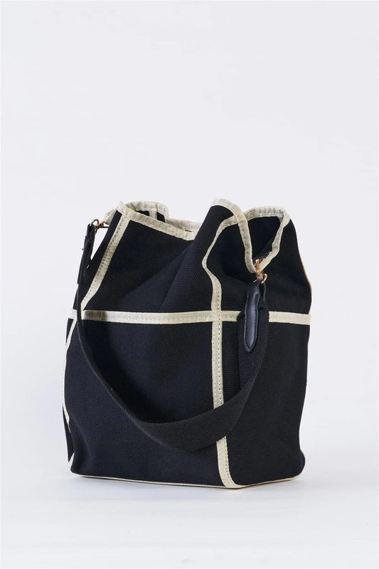Black Canvas Hardware Belt Detail Shoulder Strap Tote Bag /1 Bag - Tasha Apparel Wholesale