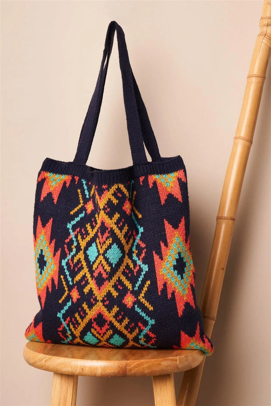 Navy Multi-Colored Tribal Print Knit Boho Tote Bag /3 Bags - Tasha Apparel Wholesale