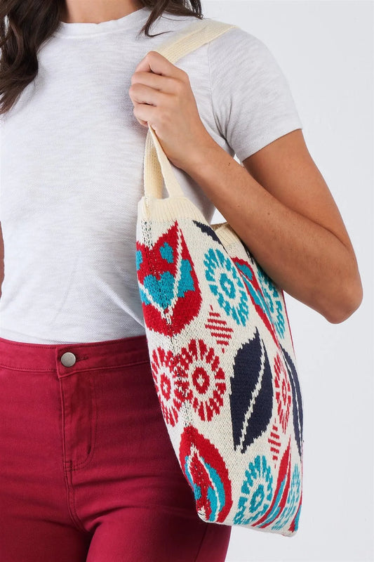 Ivory Abstract Leaf Pattern Knit Boho Tote Bag /3 Bags - Tasha Apparel Wholesale