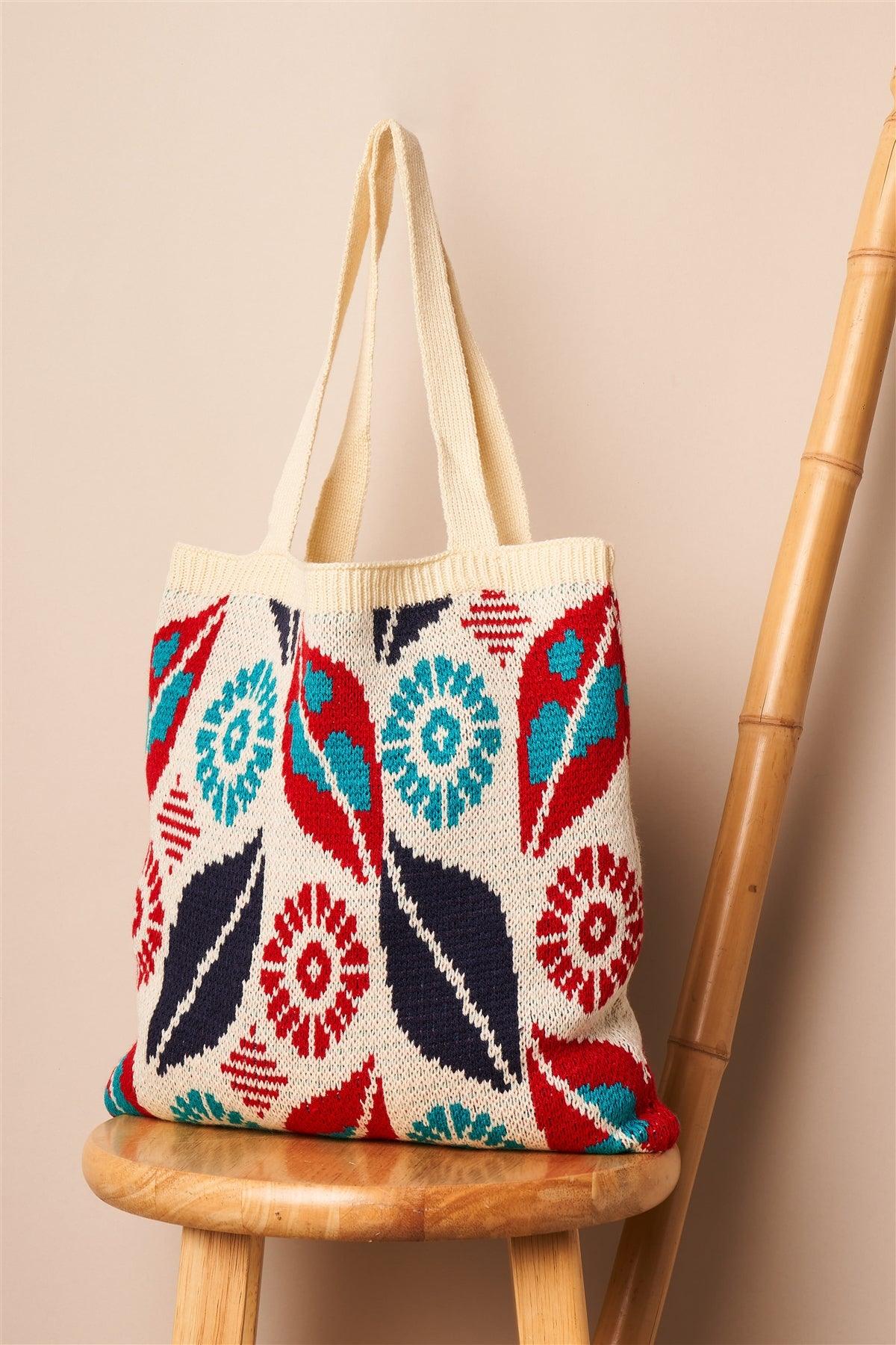 Ivory Abstract Leaf Pattern Knit Boho Tote Bag /3 Bags