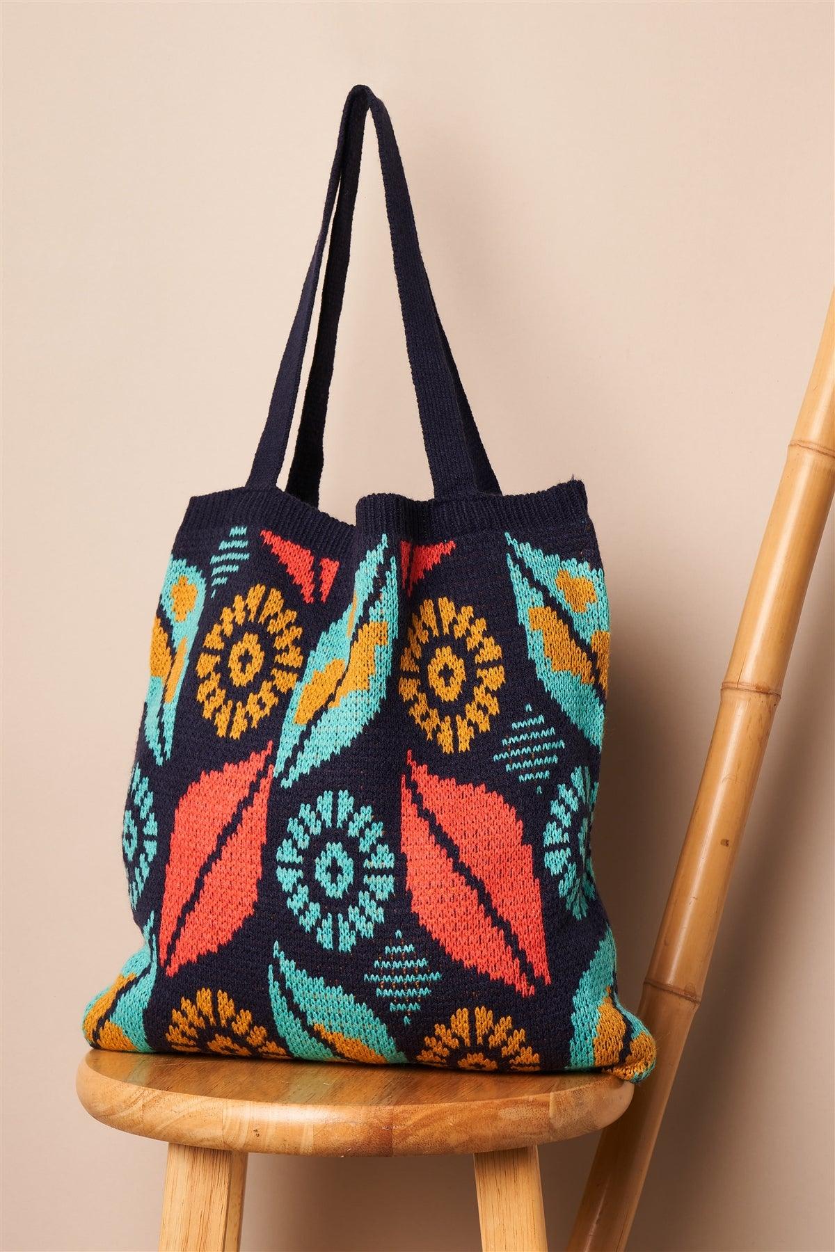 Navy Abstract Leaf Pattern Knit Boho Tote Bag /3 Bags