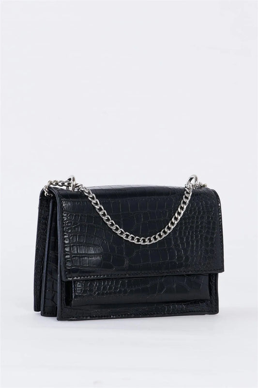 Black Croc Vegan Leather Glamorous Crossbody Chain Bag /3 Bags - Tasha Apparel Wholesale