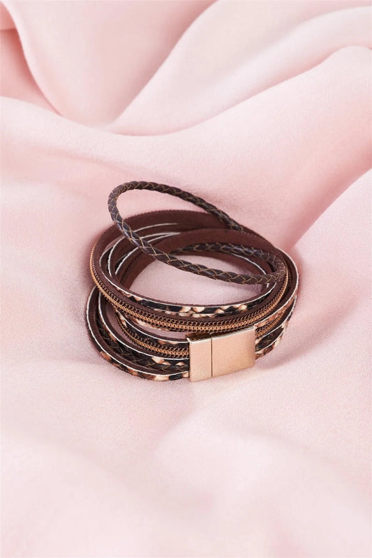 Brown Multi Strand Snake Print Vegan Leather Double Wrap Magnetic Bracelet /6 Pieces - Tasha Apparel Wholesale