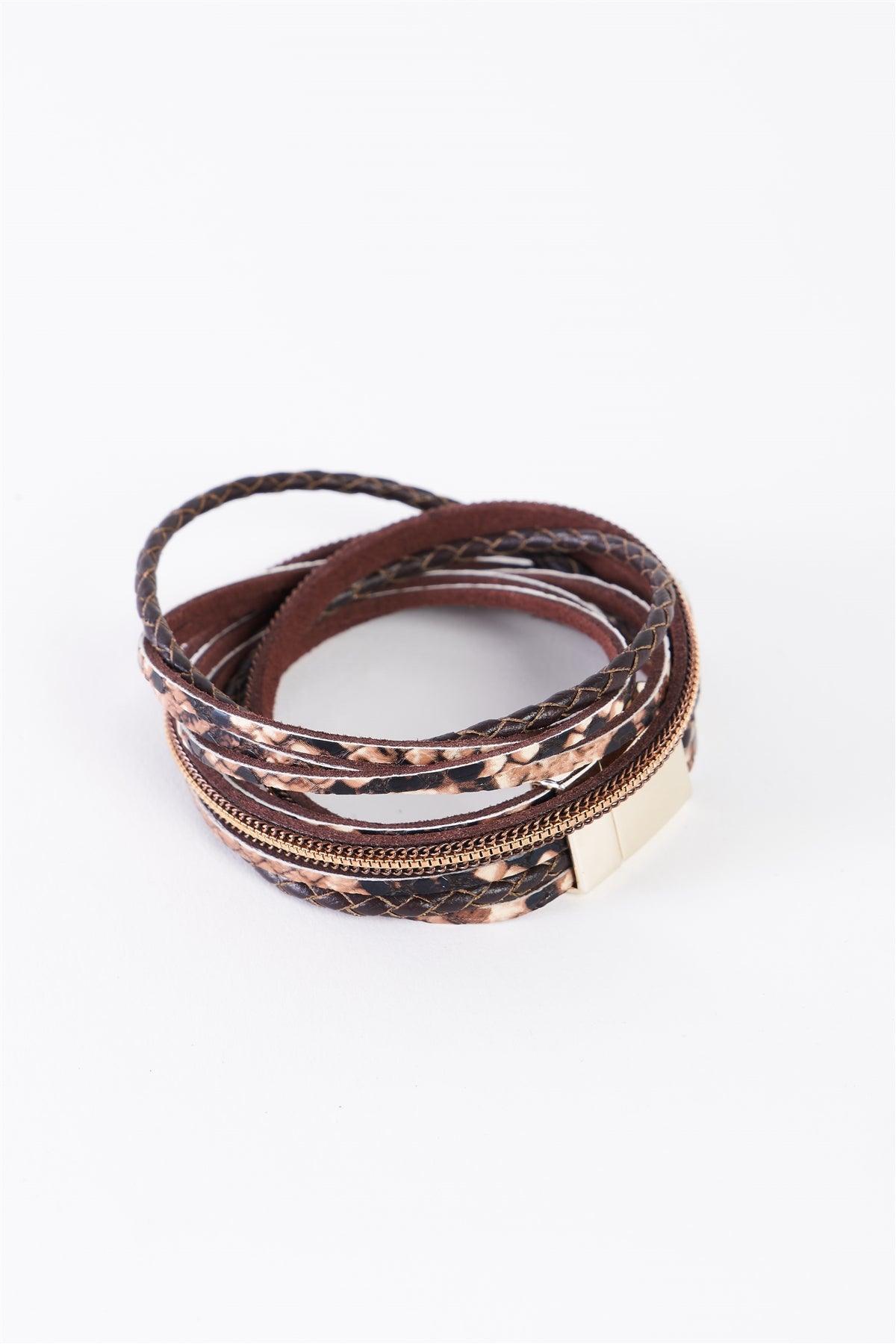 Brown Multi Strand Snake Print Vegan Leather Double Wrap Magnetic Bracelet /6 Pieces