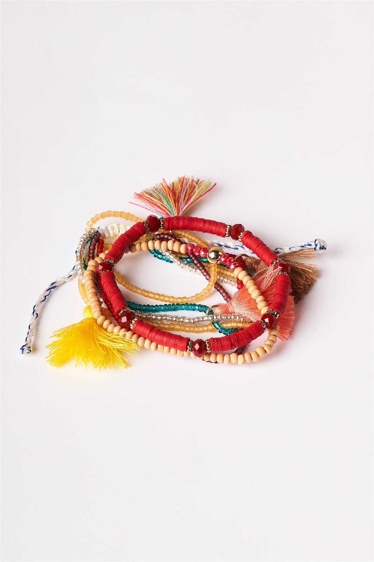 Burgundy And Multi-Colored Beaded Braceletes /6 Pieces