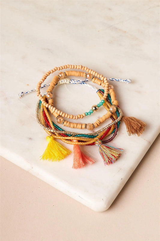 Khaki Multi-Colored Beaded Braceletes /6 Pieces - Tasha Apparel Wholesale