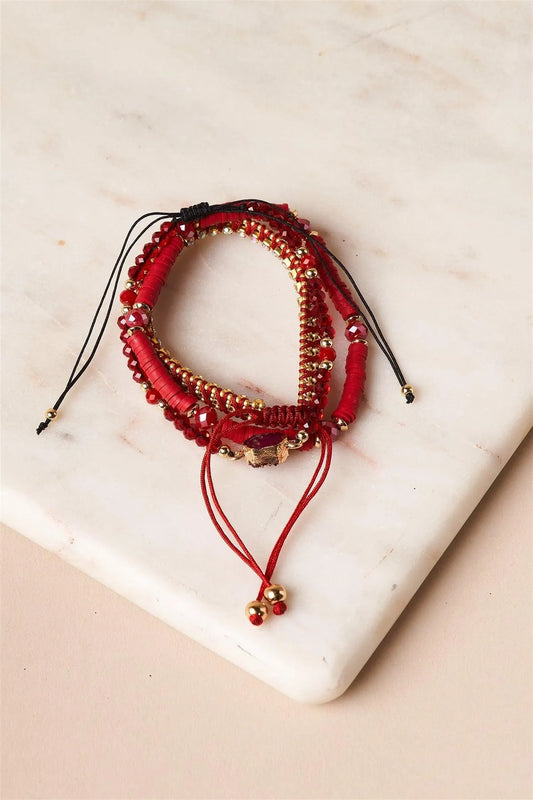 Burgundy Beaded Adjustable Bracelet Set /3 Pieces - Tasha Apparel Wholesale