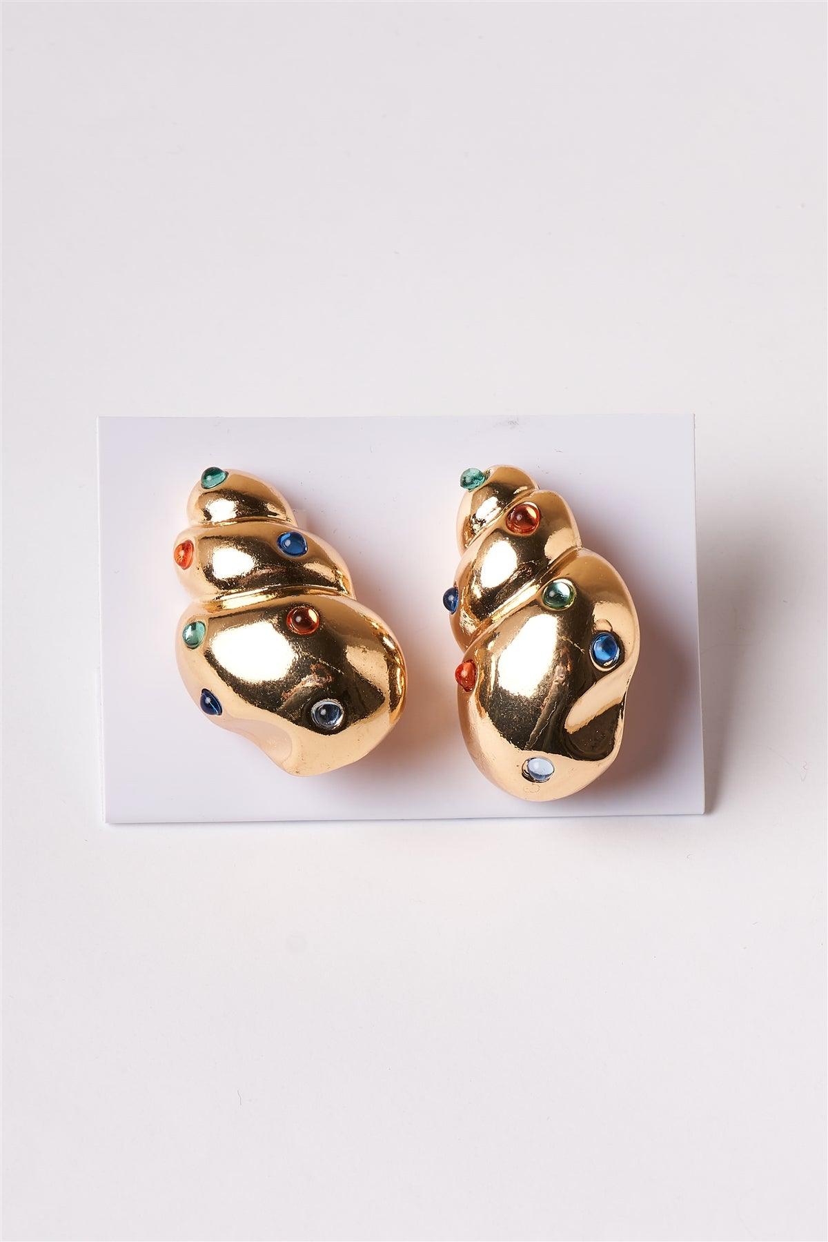 Gold Multi Colored Gem Sea Shell Earrings /1 Pair