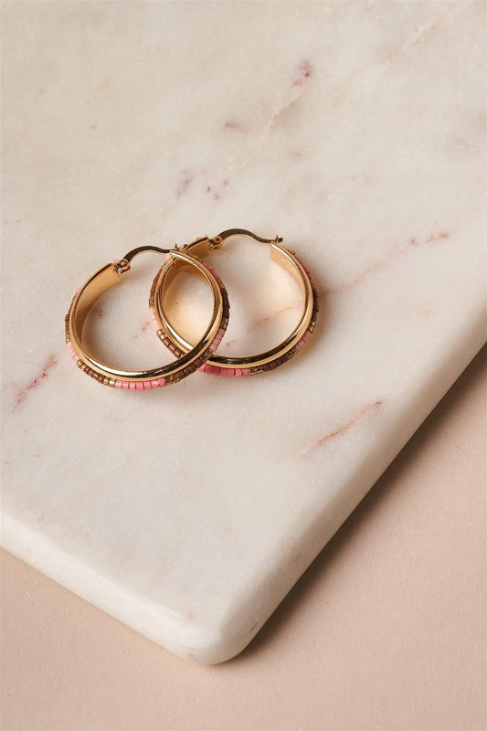 Pink And Brown Beaded Accent Gold Hoop Earrings /6 Pairs - Tasha Apparel Wholesale