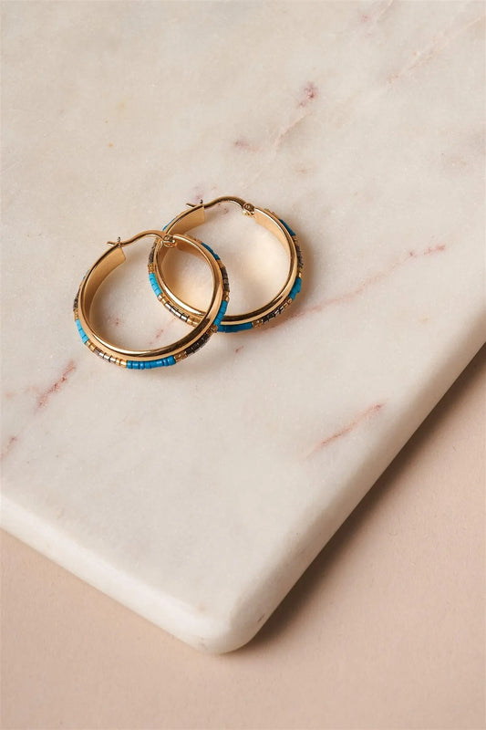 Turquoise Beaded Accent Gold Hoop Earrings /1 Pair - Tasha Apparel Wholesale