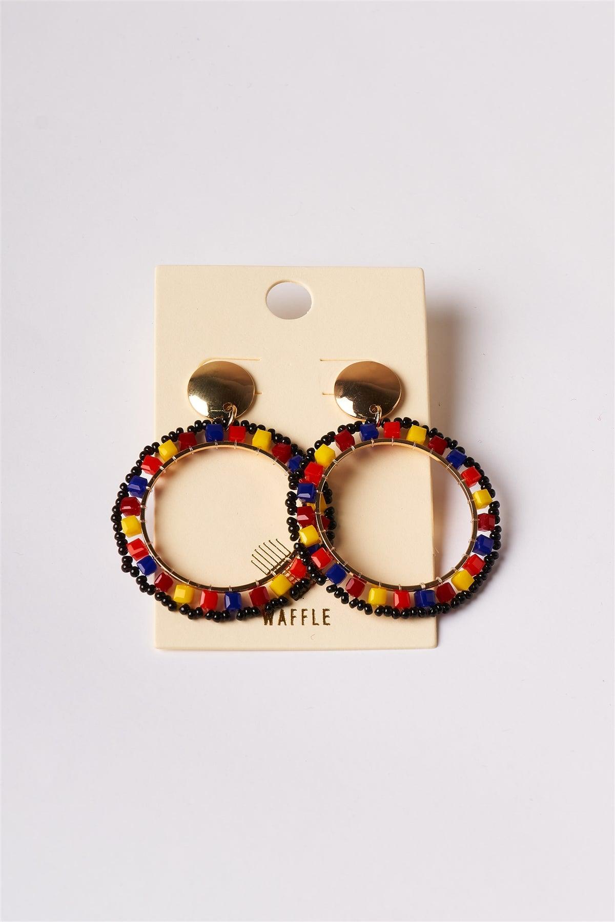 Multicolored Gold Circular Beaded Hoop Stud Earrings /6 Pairs