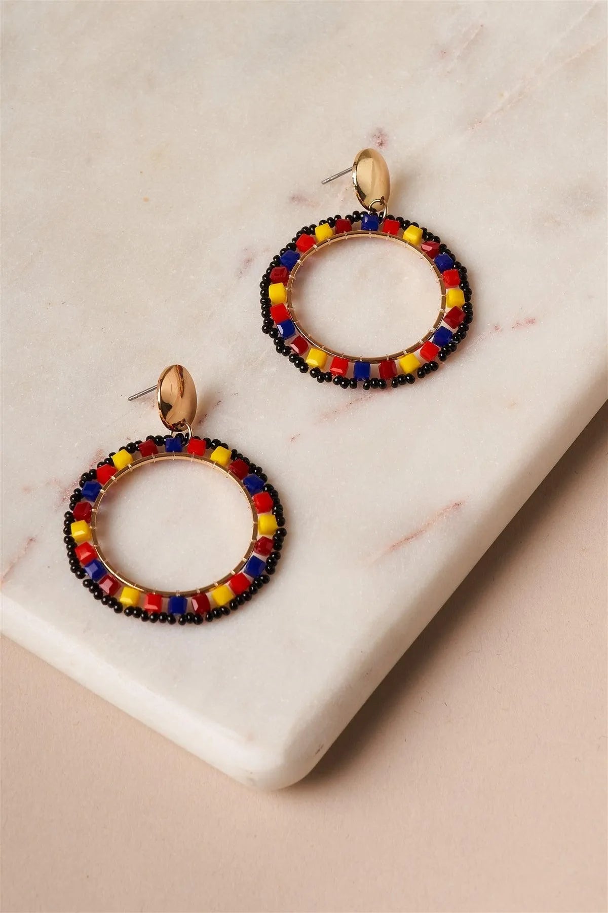 Multicolored Gold Circular Beaded Hoop Stud Earrings - Tasha Apparel Wholesale