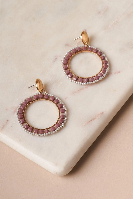 Purple & Gold Circular Beaded Hoop Stud Earrings /6 Pairs - Tasha Apparel Wholesale