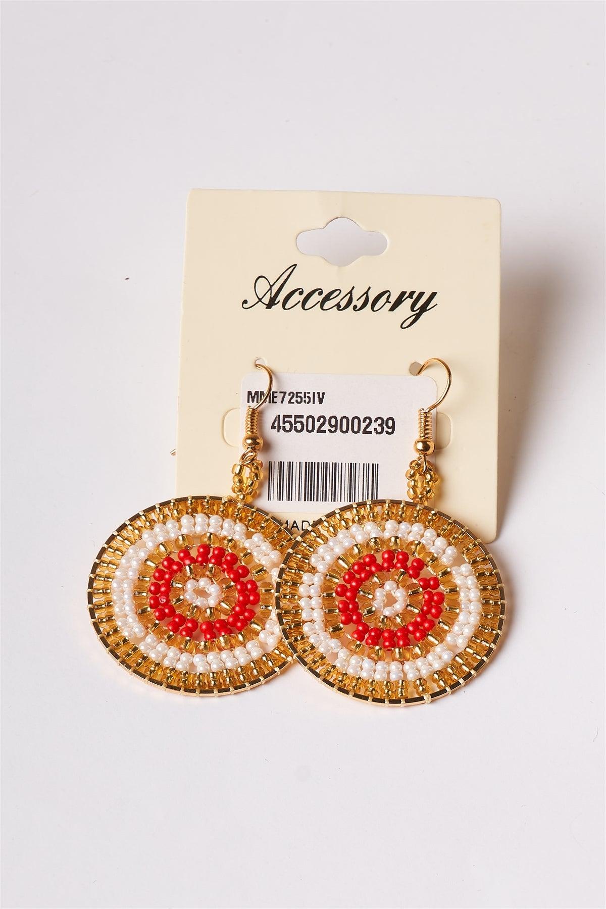 Gold Ivory Red Beaded Disc Drop Earrings /3 Pairs