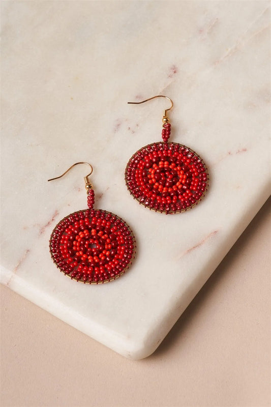Red Beaded Disc Drop Earrings /6 Pieces - Tasha Apparel Wholesale