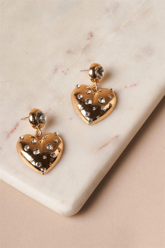 Gold Diamond Rhinestone Heart Drop Earrings - Tasha Apparel Wholesale