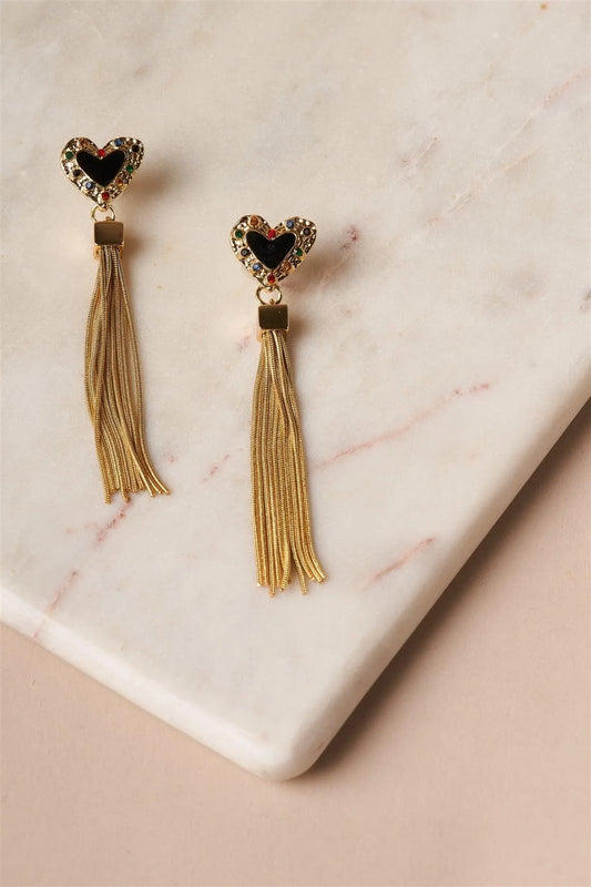 Black & Gold Heart Chain Fringe Drop Earrings /6 Pairs - Tasha Apparel Wholesale