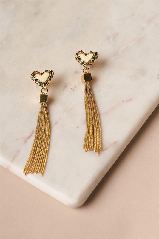Ivory Gold Heart Chain Fringe Drop Earrings /6 Pairs - Tasha Apparel Wholesale