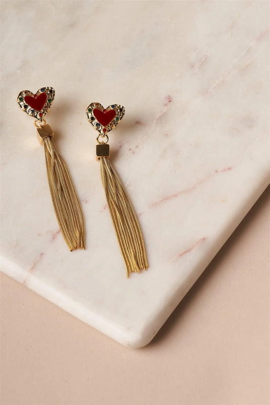 Red Gold Heart Chain Fringe Drop Earrings /6 Pairs - Tasha Apparel Wholesale