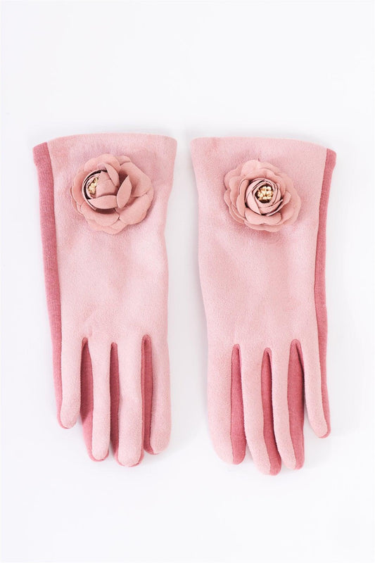 Pink Suede Rose Flower Decor Detail Faux Fur Lining Gloves /4 Pieces