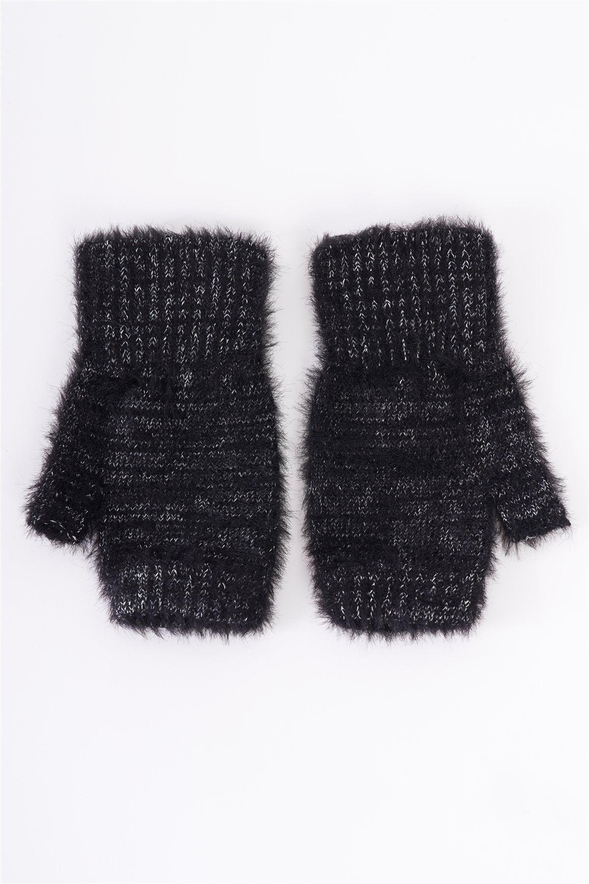 Black Silver Threading Rhinestone Star Embroidery Furry Fingerless Winter Gloves /3 Pieces
