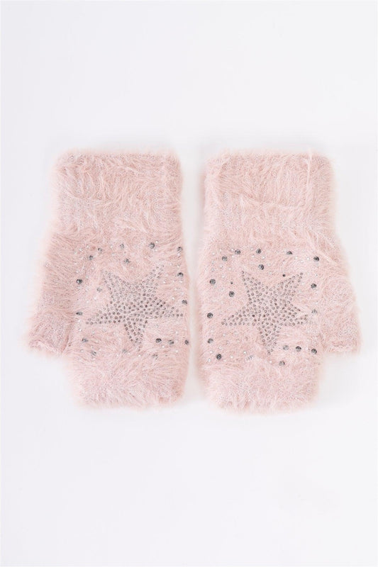 Pink Silver Threading Rhinestone Star Embroidery Furry Fingerless Winter Gloves /3 Pieces