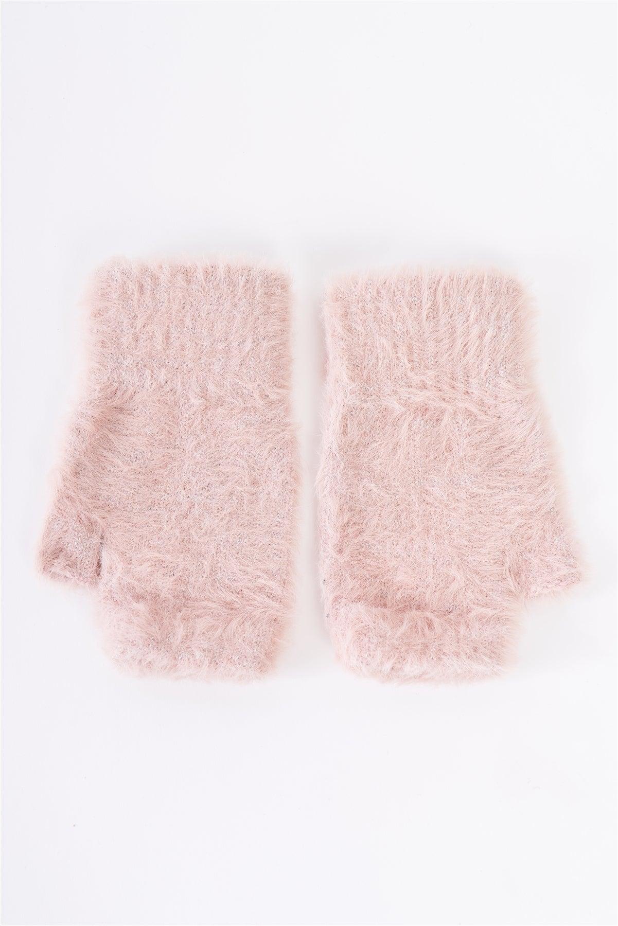 Pink Silver Threading Rhinestone Star Embroidery Furry Fingerless Winter Gloves /3 Pieces