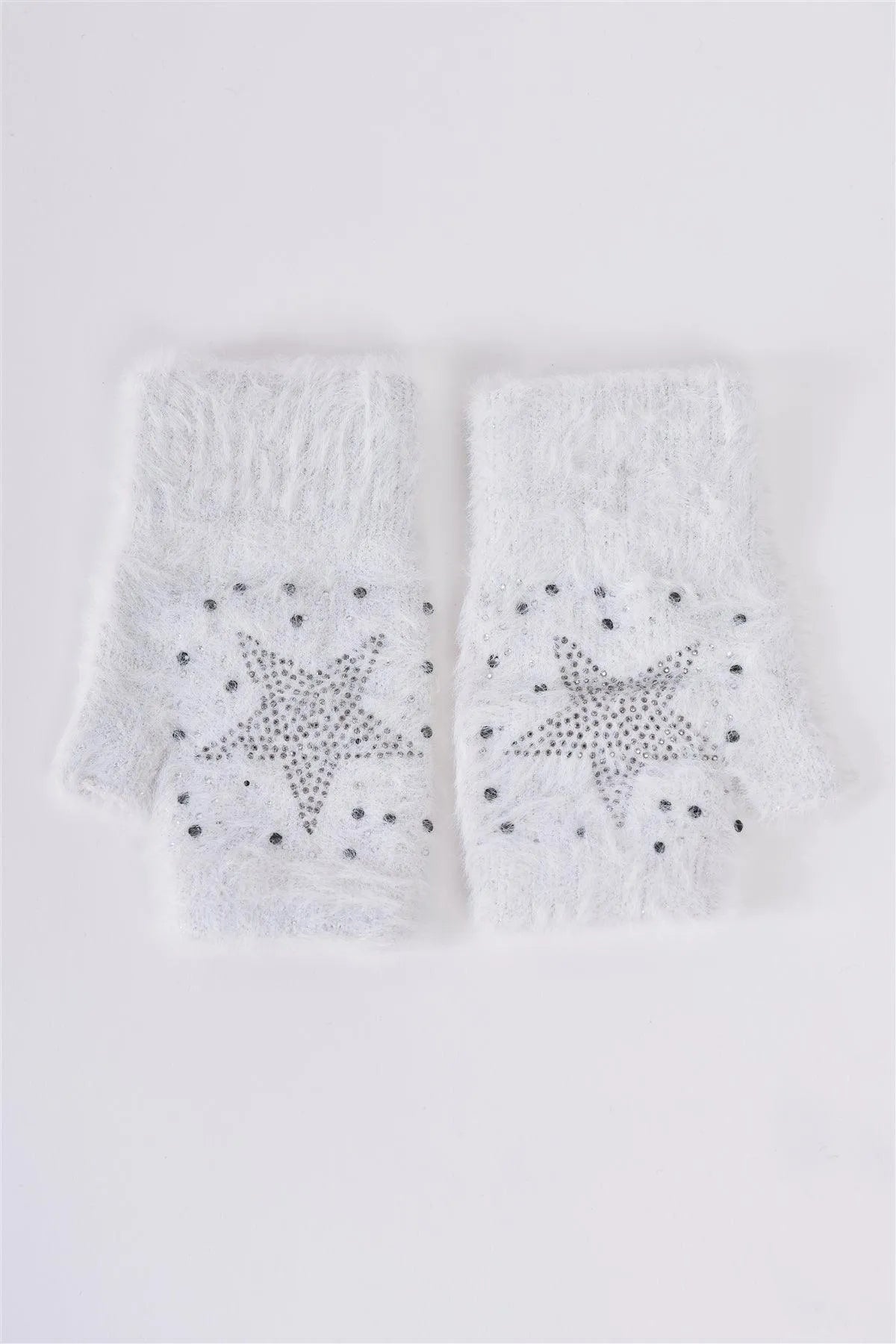 Snowball White Silver Threading Rhinestone Star Embroidery Furry Fingerless Winter Gloves /3 Pieces - Tasha Apparel Wholesale