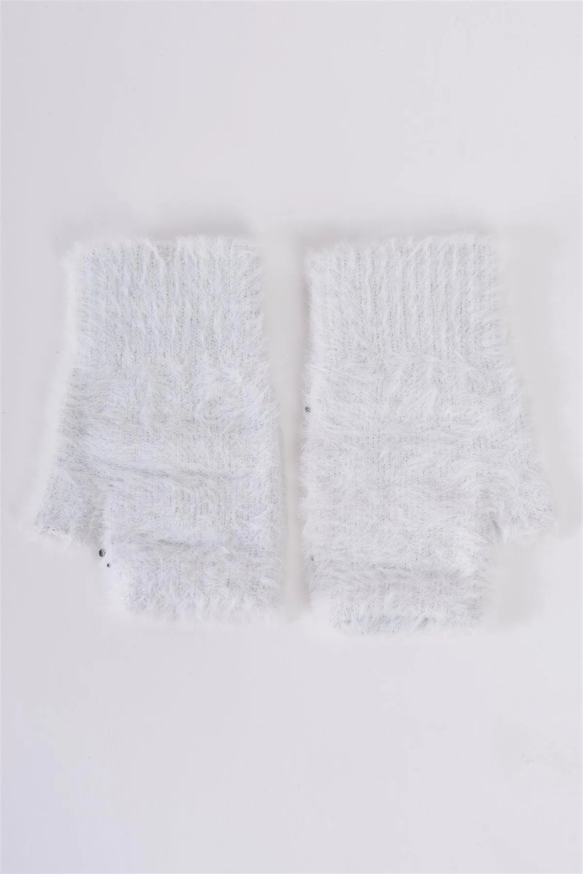 Snowball White Silver Threading Rhinestone Star Embroidery Furry Fingerless Winter Gloves /3 Pieces - Tasha Apparel Wholesale