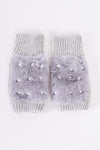 Grey Knit Furry Fingerless Pearl Detail Winter Gloves /3 Pieces