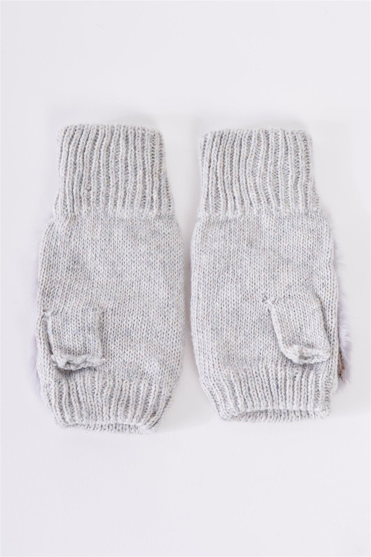 Grey Knit Furry Fingerless Pearl Detail Winter Gloves /3 Pieces