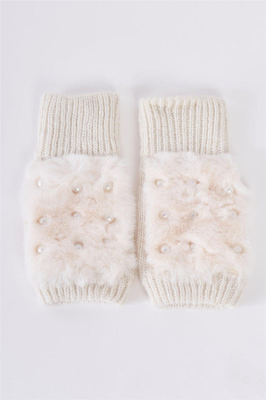 Ivory Knit Furry Fingerless Pearl Detail Winter Gloves /3 Pieces
