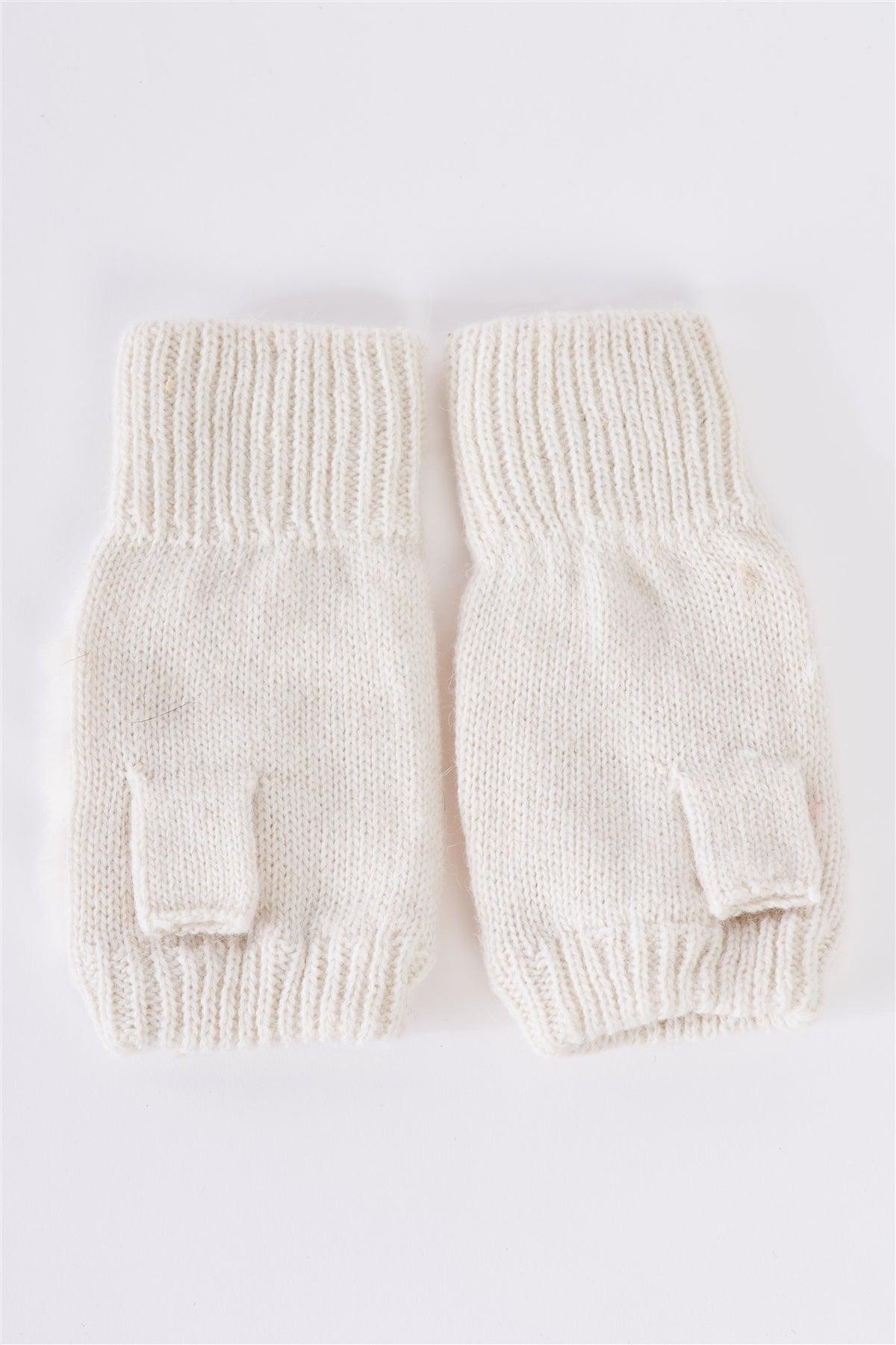 Ivory Knit Furry Fingerless Pearl Detail Winter Gloves /3 Pieces