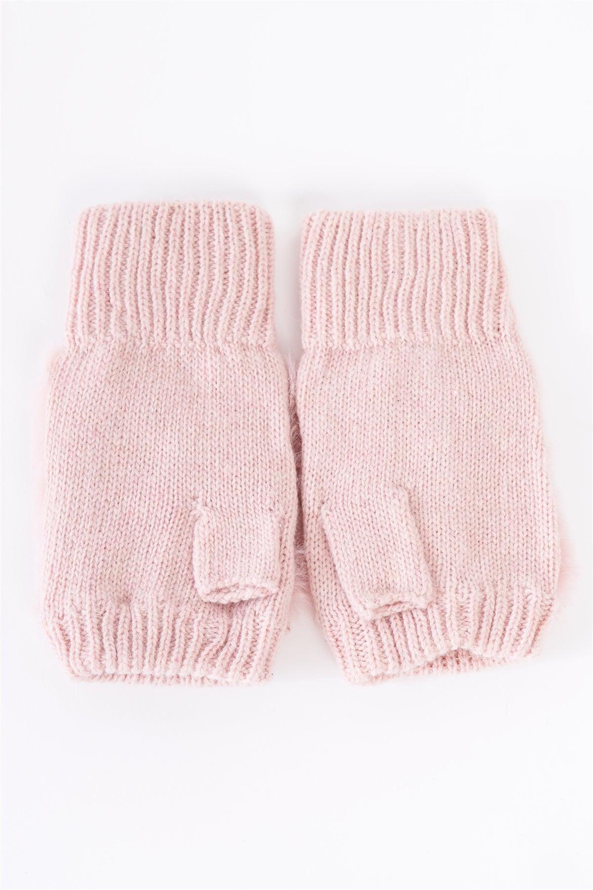 Pink Knit Furry Fingerless Pearl Detail Winter Gloves /3 Pieces